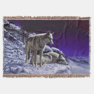 Grey Wolves in Winter Snow at Night Throw Blanket