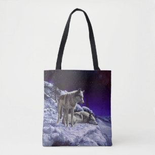 Grey Wolves in Winter Snow at Night Tote Bag