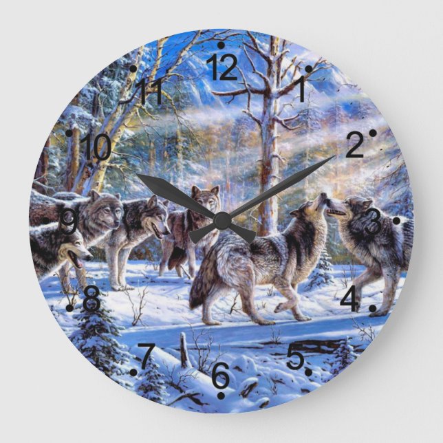 Grey Wolves Painting Large Clock (Front)