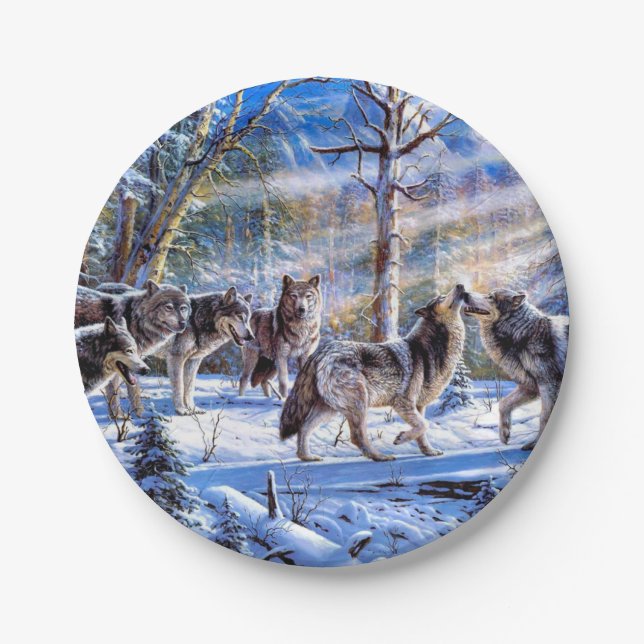 Grey Wolves Painting Paper Plate (Front)
