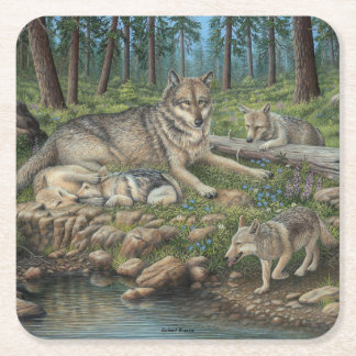 Grey Wolves Square Paper Coaster