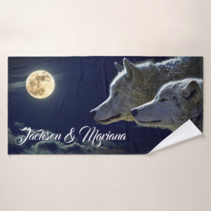 Grey Wolves Under a Full Moon Bath Towel Set
