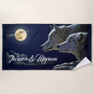 Grey Wolves Under a Full Moon Beach Towel