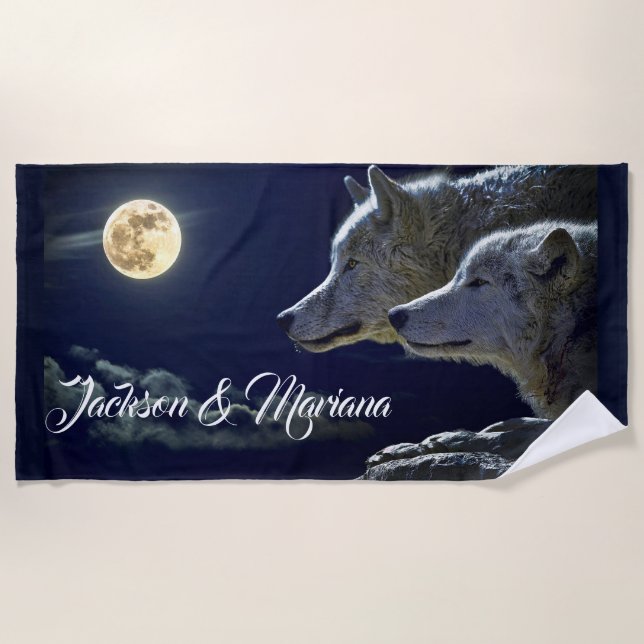 Grey Wolves Under a Full Moon Beach Towel (Front)