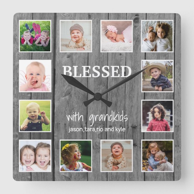 Grey Wood 12 Photo Collage Blessed Grandparents Square Wall Clock (Front)