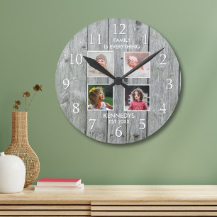 Grey Wood 4 Photo Collage Family Name Quote   Round Clock