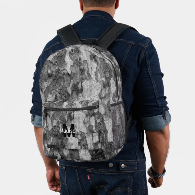 Grey wood bark custom Monogram name initial  Printed Backpack (Insitu (Model))