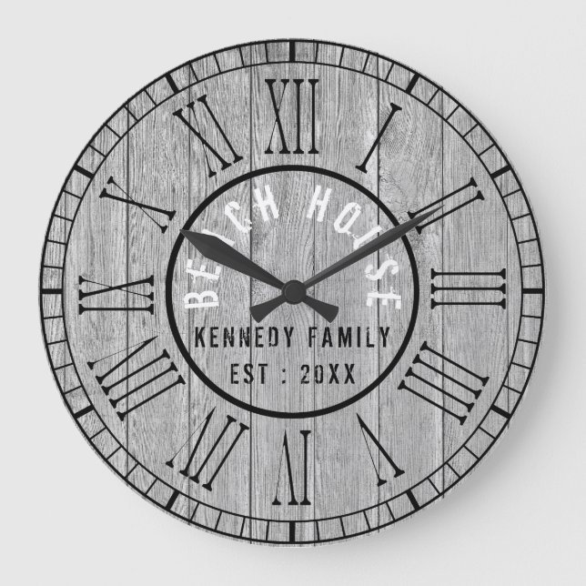 Grey Wood Beach House Black Roman Numeral Large Clock (Front)