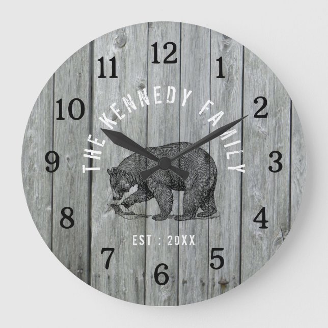 Grey Wood Black Bear Cabin House Family Name   Large Clock (Front)