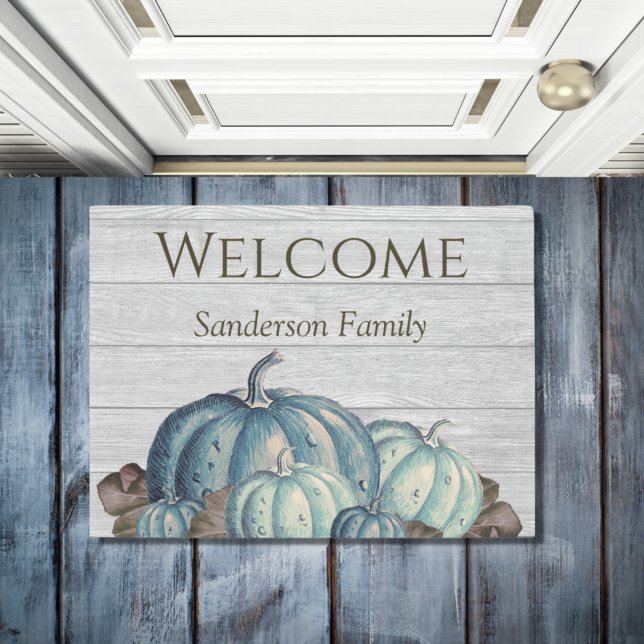 Grey Wood Blue Pumpkin Rustic Cute Doormat (Creator Uploaded)
