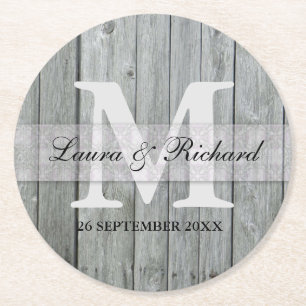 Grey Wood Bride And Groom Wedding Monogram Round Paper Coaster