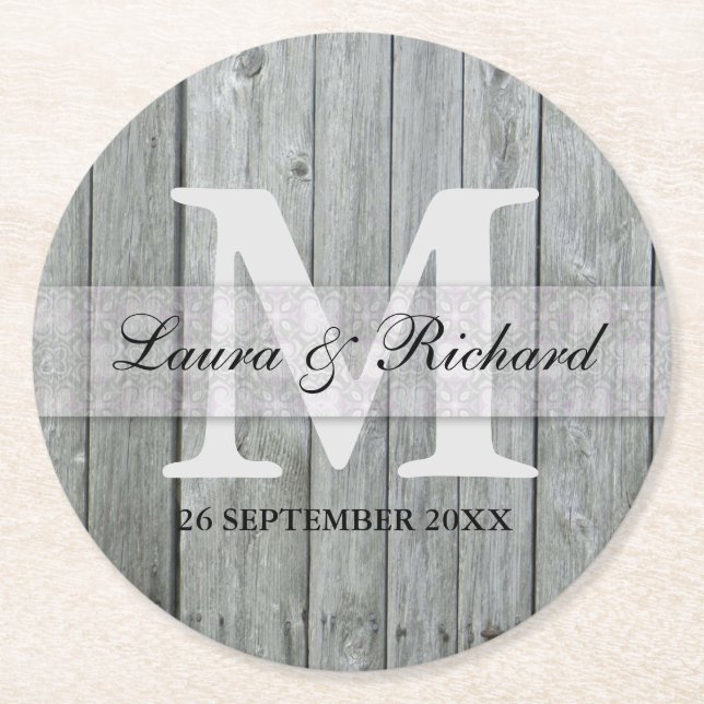 Grey Wood Bride And Groom Wedding Monogram Round Paper Coaster (Front)