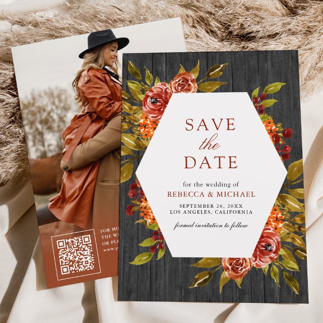 Grey Wood Burnt Orange Floral Autumn Fall Wedding Save The Date (Creator Uploaded)