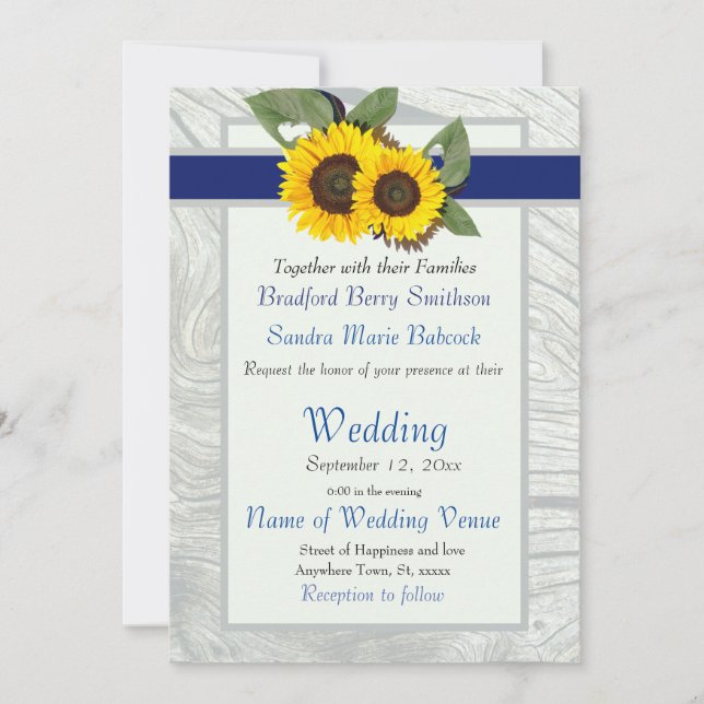  Grey wood Cobalt Blue Sunflower Rustic Wedding Invitation (Front)