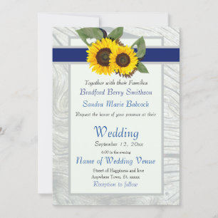  Grey wood Cobalt Blue Sunflower Rustic Wedding Invitation