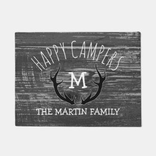 Grey Wood Deer Antlers Family Name Happy Campers Doormat