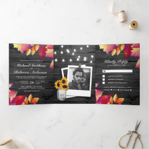 Grey Wood Fall Autumn Leaves All in One Wedding Tri-Fold Invitation