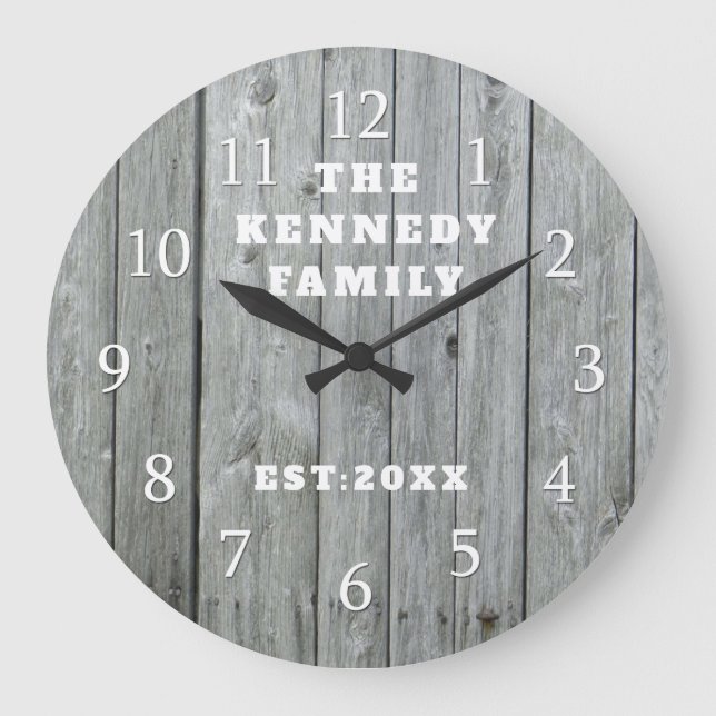 Grey Wood Family Name  Farmhouse Personalised Large Clock (Front)