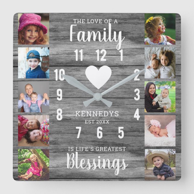 Grey Wood Family Quote  10 Square Photo Collage  Square Wall Clock (Front)