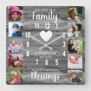 Grey Wood Family Quote  10 Square Photo Collage  Wall Clock