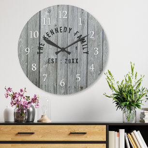 Grey Wood Farmhouse Family Name Large Clock