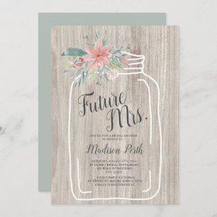 Grey wood floral mason jar script bridal shower invitation
