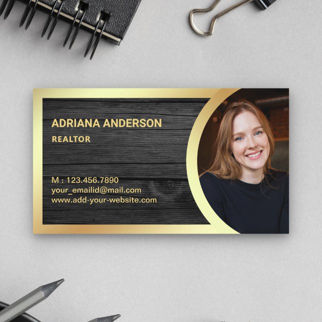 Grey Wood Gold Foil Real Estate Photo Realtor Business Card (Creator Uploaded)
