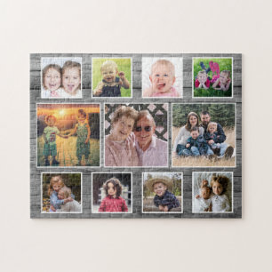 Grey Wood Horizontal 11 Family Photo Collage Jigsaw Puzzle