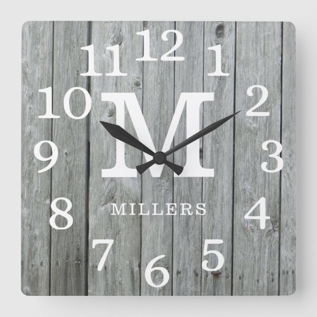 Grey Wood Large Numbers Family Name Monogram  Square Wall Clock (Front)