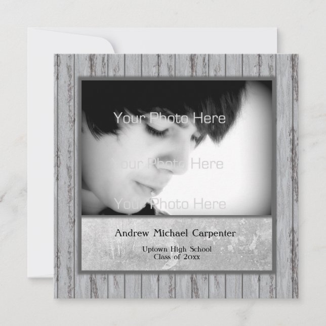 Grey Wood Look Grunge Photo Card Invitation (Front)