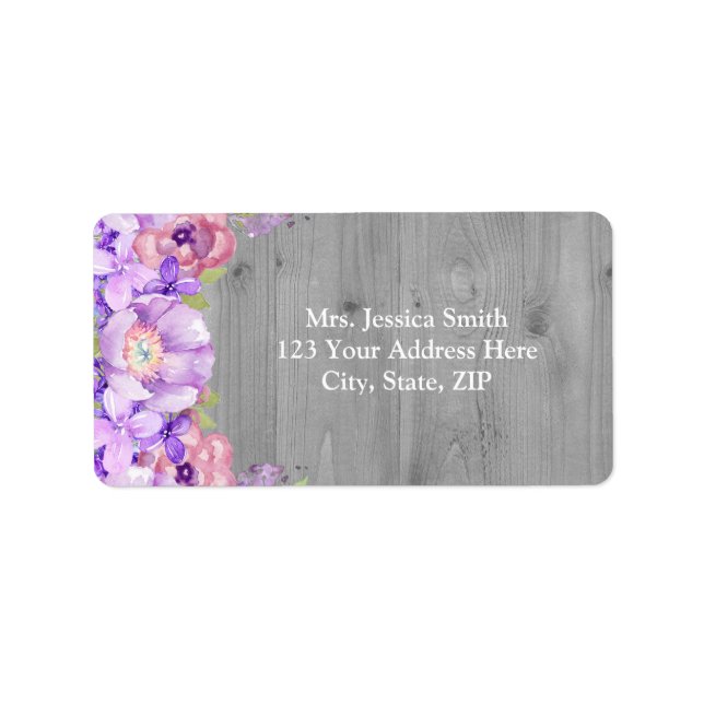 Grey Wood Purple Lilac Floral Return Address Label (Front)