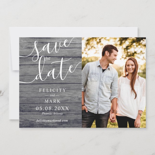 Grey Wood Rustic Typography Custom Photo Wedding Save The Date (Front)