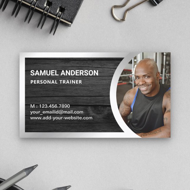 Grey Wood Silver Fitness Personal Trainer Photo Business Card (Creator Uploaded)