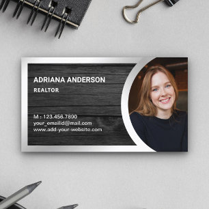Grey Wood Silver Foil Real Estate Photo Realtor Business Card