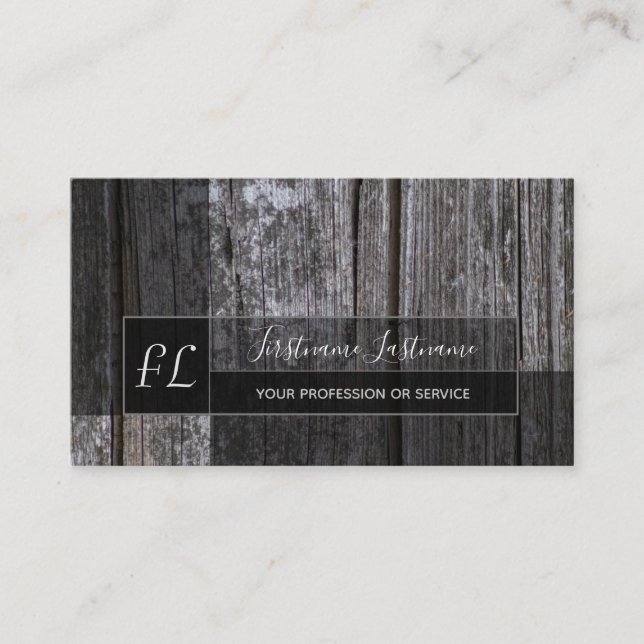 Grey wooden plank surface grey rectangle monogram  business card (Front)