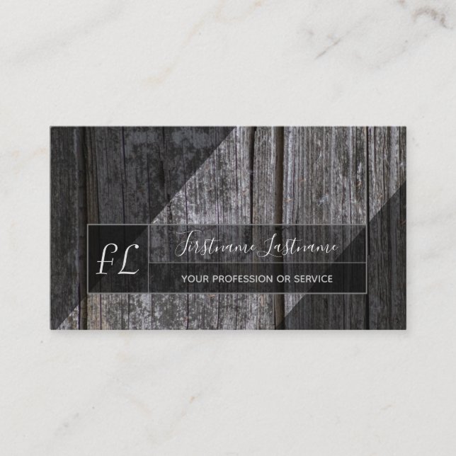 Grey wooden plank surface grey triangle monogram business card (Front)