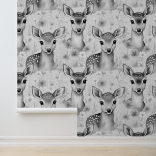 Grey Woodland Baby Deer in a Floral Field Wallpaper