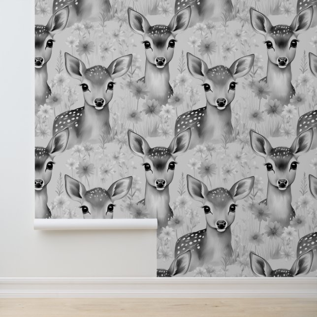 Grey Woodland Baby Deer in a Floral Field Wallpaper (Application)