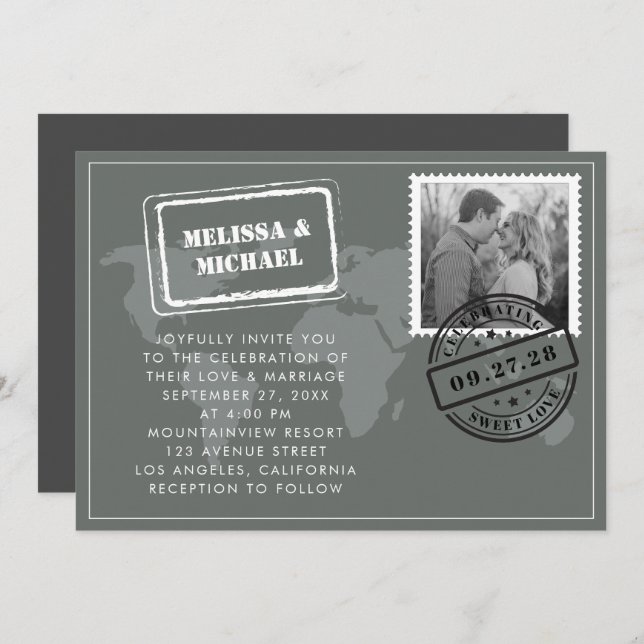 Grey World Map Destination Wedding Photo Invitation (Front/Back)