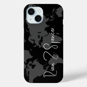 Grey World Map with Name on Black iPhone 15 Case