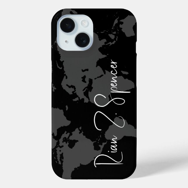 Grey World Map with Name on Black  Case-Mate iPhone Case (Back)