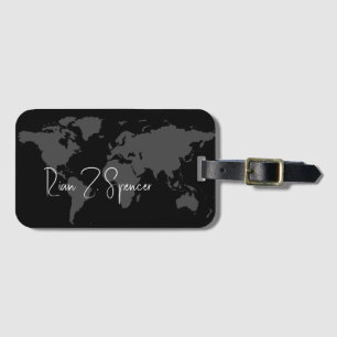 Grey World Map with Name on Black Luggage Tag