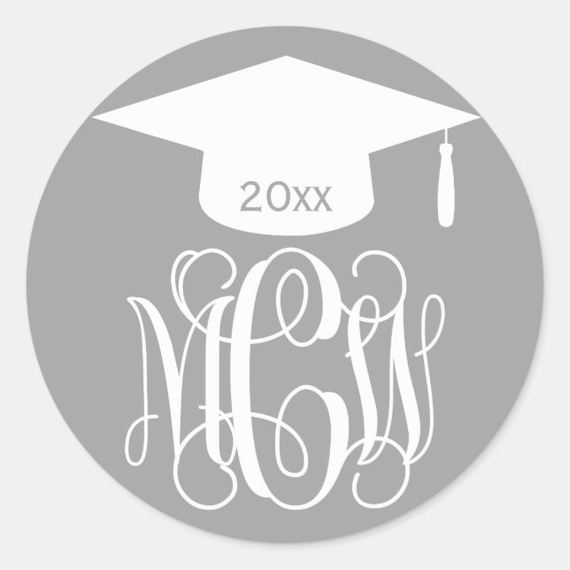 Grey Wt Vine Script Monogram Graduation DIY BG Classic Round Sticker (Front)