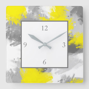 Grey Yellow Abstract Brushstrokes  Square Wall Clock