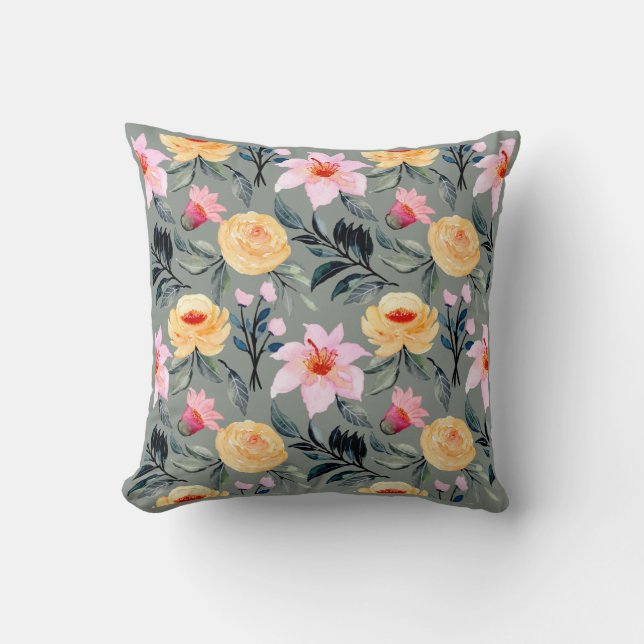 Grey Yellow and Pink Flowers Pillow (Front)