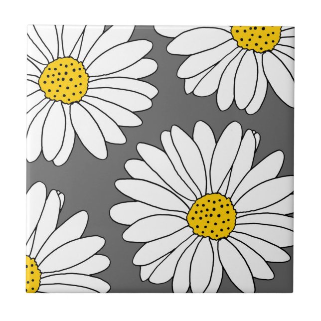 Grey Yellow and White Daisies Ceramic Tile (Front)