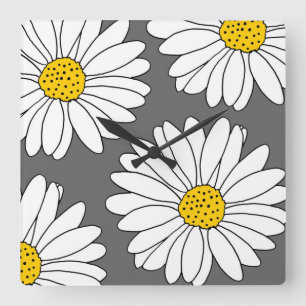 Grey Yellow and White Daisies Square Wall Clock