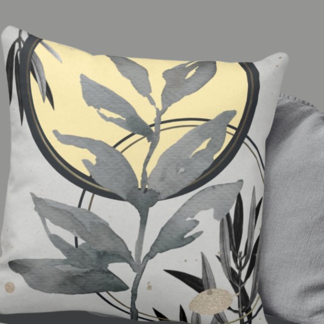 Grey & Yellow Artistic Abstract Watercolor Leaf Cushion (Creator Uploaded)