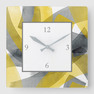 Grey Yellow Black Abstract Brushstrokes Square Wall Clock