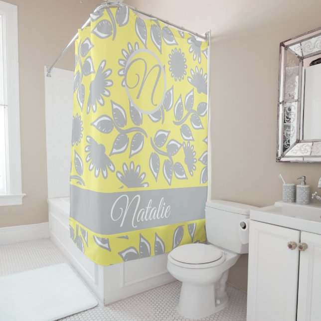 Grey yellow bold floral pattern  - monogrammed shower curtain (In Situ)